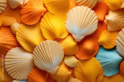  a bunch of seashells that are yellow, orange, blue, and white in a close up view.