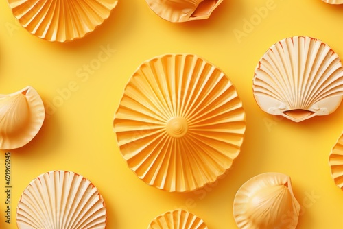  a group of seashells sitting on top of a yellow surface with a pattern of seashells on it.