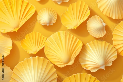  a close up of a bunch of yellow seashells on a yellow background with a place for the text.
