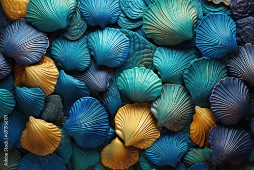  a pile of blue and yellow seashells sitting on top of a pile of green and yellow seashells.