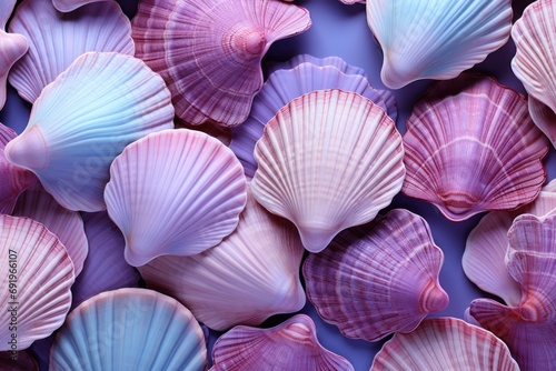  a close up of a bunch of seashells on a blue and pink background with pink and blue colors.