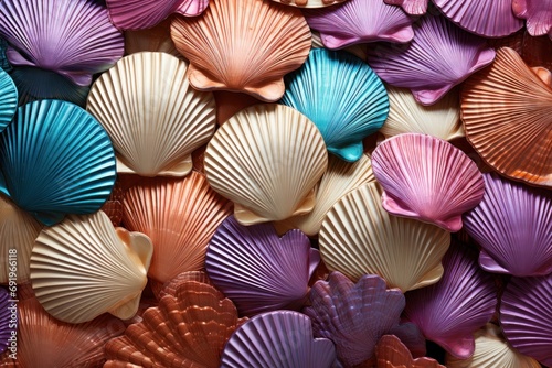  a pile of colorful seashells sitting on top of a pile of orange, purple, and blue shells.