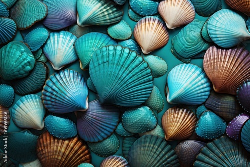  a close up of a bunch of seashells on a blue and green surface with a white stripe on the bottom of the shell.