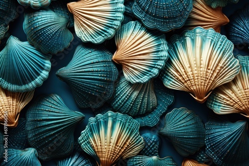  a group of seashells sitting next to each other on top of a blue surface with orange and white stripes.