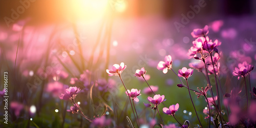 Purple spring flowers on a meadow, blurry sunlight background  © TatjanaMeininger
