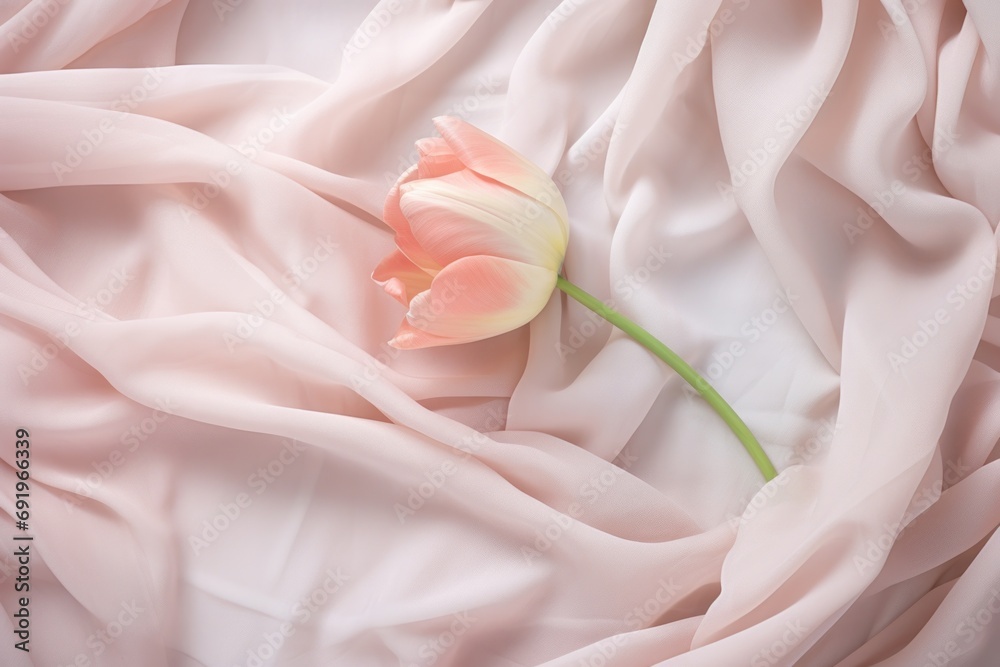  a single tulip sitting on top of a bed covered in a pink bed sheet with a white sheet on top of it.