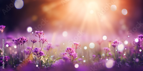 Purple spring flowers on a meadow, blurry sunlight background 