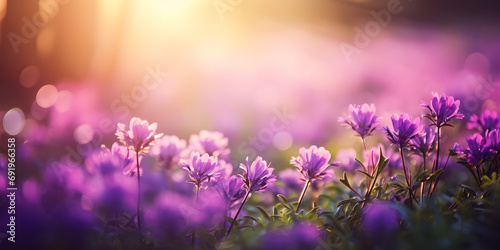 Purple spring flowers on a meadow, blurry sunlight background 