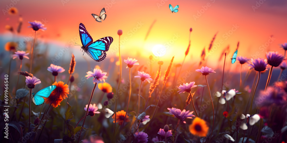 Summer wild flowers and flying butterfly in a meadow at sunset Summer wild flowers and flying butterfly in a meadow at sunset