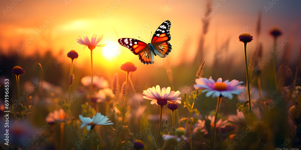 Summer wild flowers and flying butterfly in a meadow at sunset Summer wild flowers and flying butterfly in a meadow at sunset