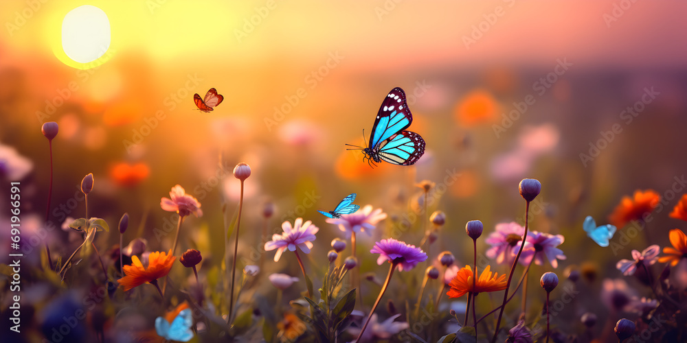 Summer wild flowers and flying butterfly in a meadow at sunset