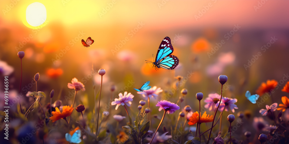 Summer wild flowers and flying butterfly in a meadow at sunset Summer wild flowers and flying butterfly in a meadow at sunset