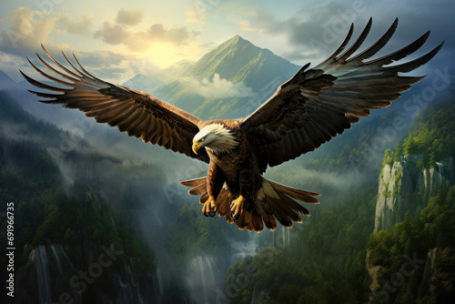  a painting of a bald eagle flying in the sky over a mountain range with a waterfall in the foreground.