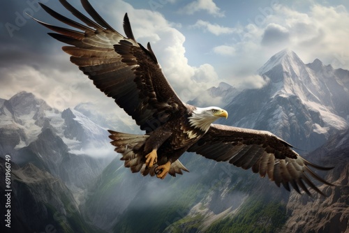  an eagle flying over a mountain range with a mountain range in the background and clouds in the sky in the foreground.