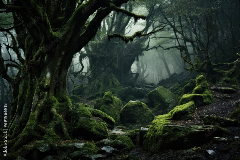a forest filled with lots of green moss covered rocks and a large tree with moss growing on it's branches. a forest filled with lots of green moss covered rocks and a large tree with moss growing on it's branches.