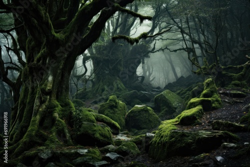  a forest filled with lots of green moss covered rocks and a large tree with moss growing on it's branches.