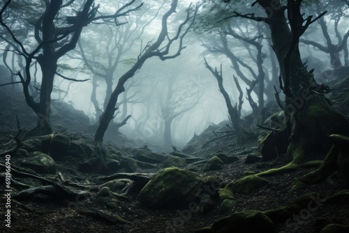  a foggy forest filled with lots of trees and moss growing on the side of a hill in the middle of the woods.