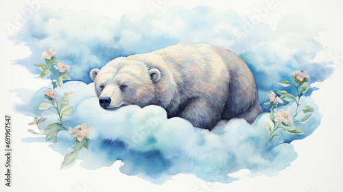 Bear watercolor drawing sleeping on a cloud lullaby photo