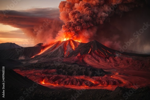 A powerful dramatic volcanic eruption with red lava, gases and thick smoke in nature. A magical unusual natural phenomenon.