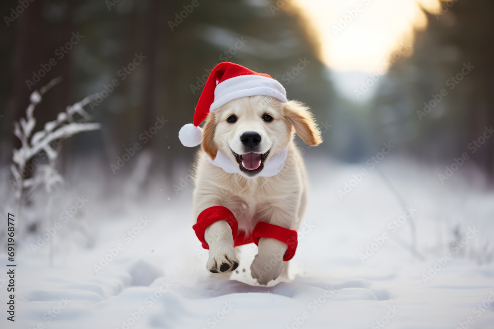 Dog running in snow with winter clothes like Santa Claus. Christmas style hat and sweater. Funny animals in winter.