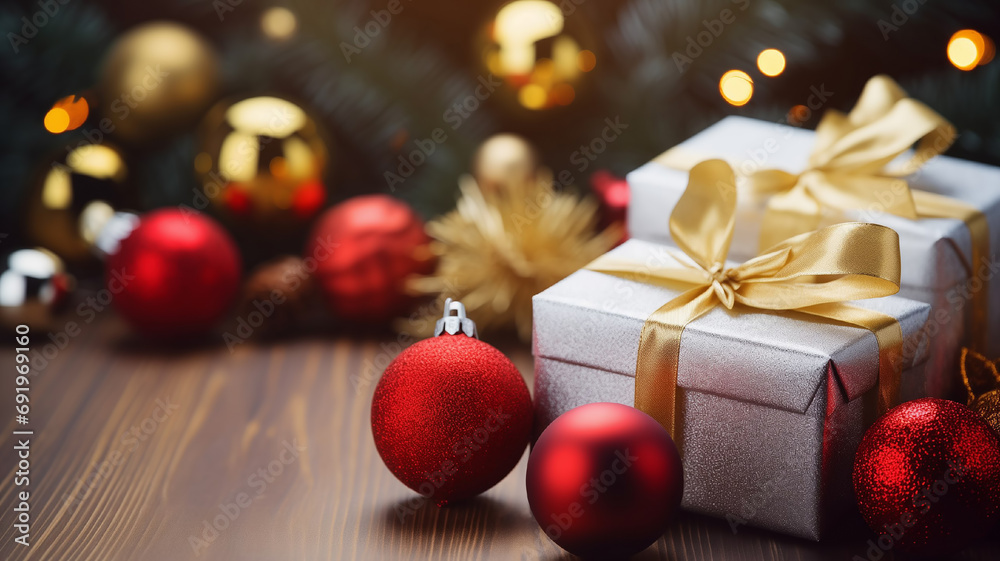 Gift boxes on wooden background among spruce branches and New Year's toys. Copy space