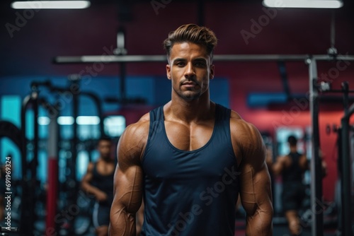 A muscular man confidently lifts weights in a gym, his chiseled chest and strong elbows showcasing his dedication to physical fitness and bodybuilding photo