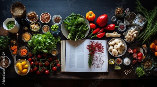 An overhead view of a neatly arranged kitchen counter with fresh ingredients  utensils  and open cookbooks  inviting culinary creativity