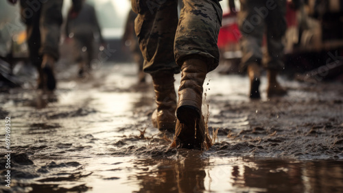 a soldier in army boots walks through puddles generative ai