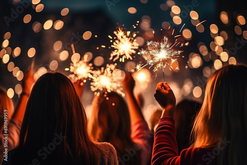 people celebrate the new year with sparklers in their hands and fireworks generative ai photo