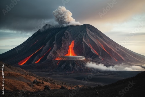 Amazing volcanic eruption, dark clouds, air pollution. A magical unusual natural phenomenon.