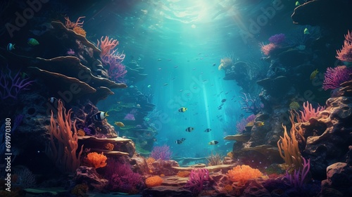 Wallpaper adorned with hyper-detailed marine life, creating an underwater scene with realistic colors and textures © LaxmiOwl