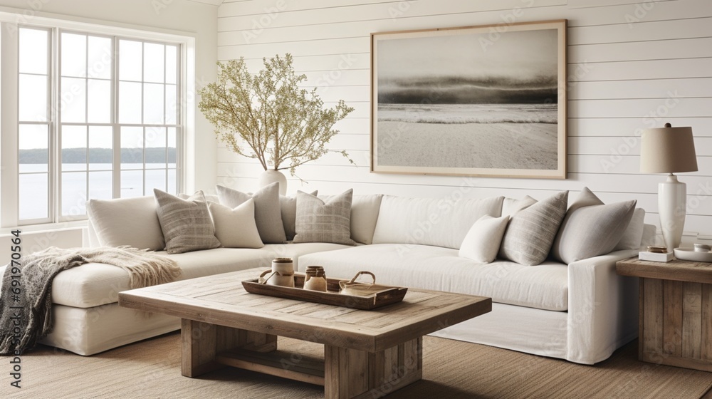 A modern farmhouse living room with a reclaimed wood coffee table, white shiplap walls, and cozy textiles