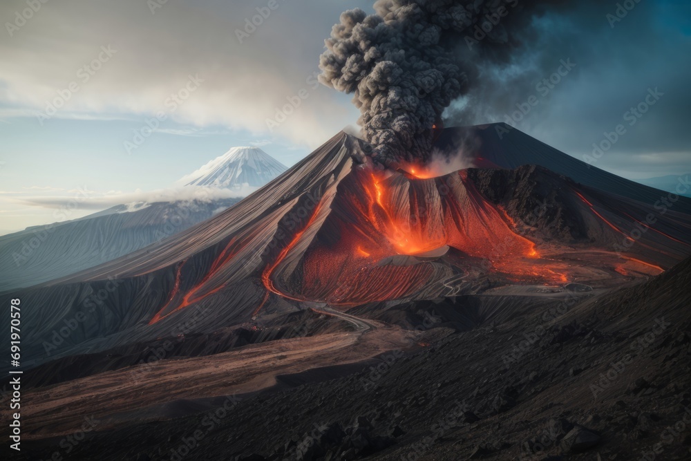 Amazing volcanic eruption, dark clouds, air pollution. A magical unusual natural phenomenon.