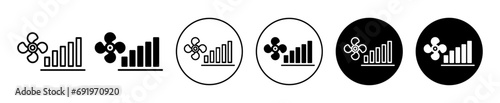 Fan power mode icon. increase heating or cooling fan motor speed to full capacity vector line set. temperature control gas stove knob with full air fan power speed mode in ac symbol logo. 