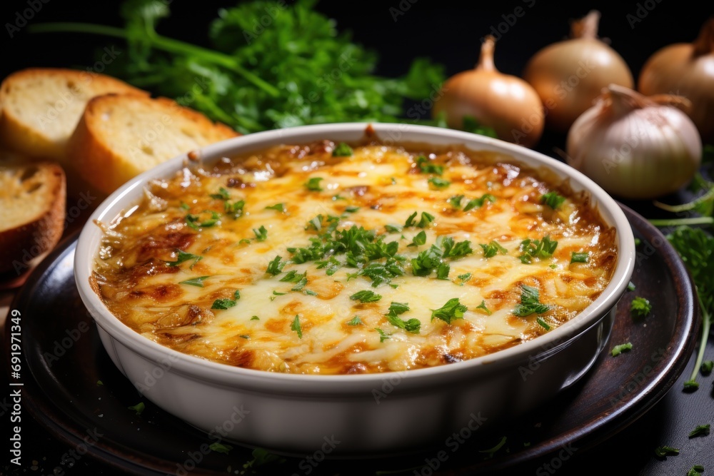  a close up of a bowl of food on a plate with garlic bread and garlic garlic bread in the background.