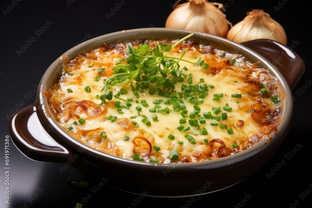  a close up of a casserole dish with onions and green onions on a black surface with a pair of garlic on the side of the casserole.