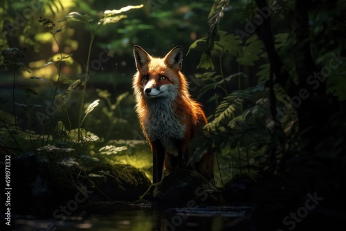  a red fox standing in the middle of a forest looking at the camera with a curious look on its face.