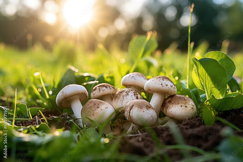 a group of mushrooms sitting on top of a lush green grass covered field next to a green leafy tree. a group of mushrooms sitting on top of a lush green grass covered field next to a green leafy tree.