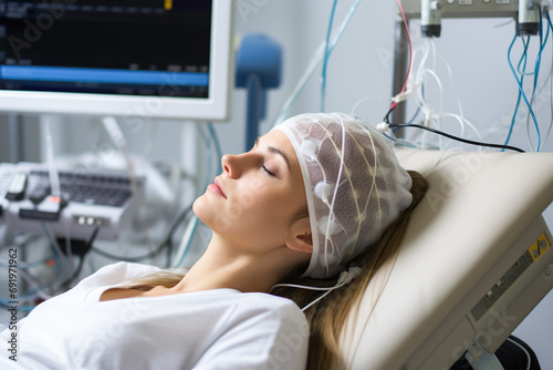 A young caucasian female patient undergoing EEG examination.  photo