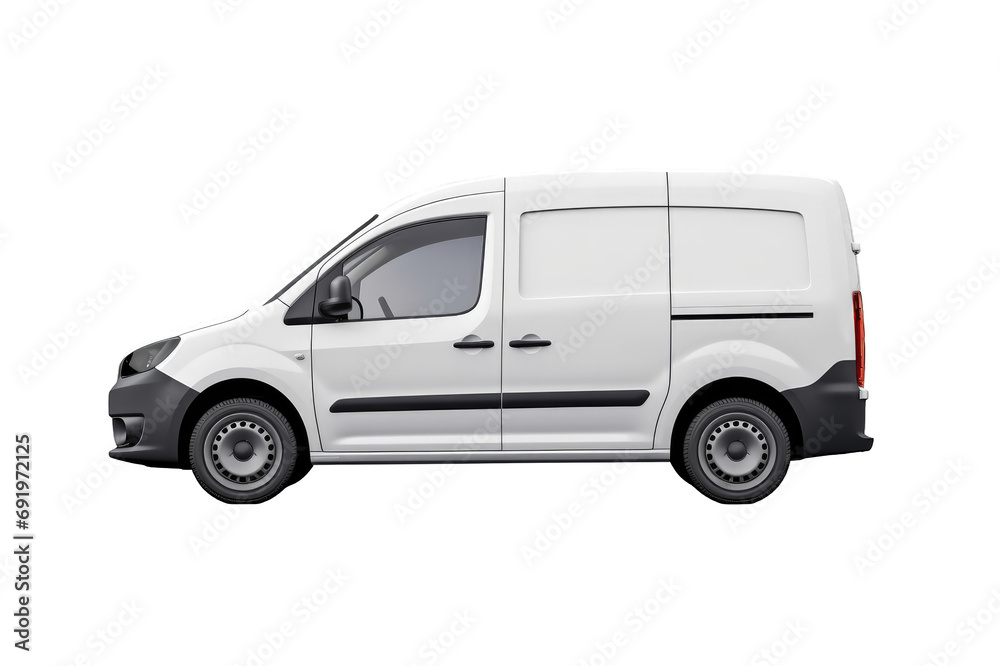 Side view of a small white van for transport on a cut out PNG transparent background. Blank empty van for mockup