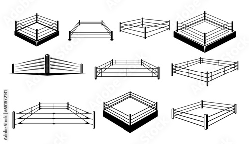 Boxing ring sport arena with ropes for fighting tournament monochrome line icon set isometric vector