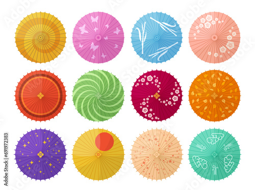 Ornamental traditional Japanese umbrella art pattern design top view set vector flat illustration