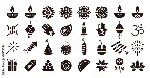 Diwali festival icon set (Flat silhouette version)