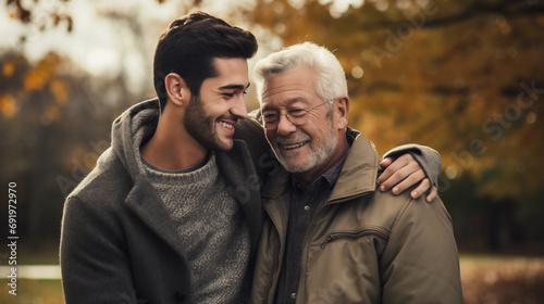 Senior father spending time with his adult son walking in the park. A man hugs his elderly father, relaxation and lifestyle after retirement concept