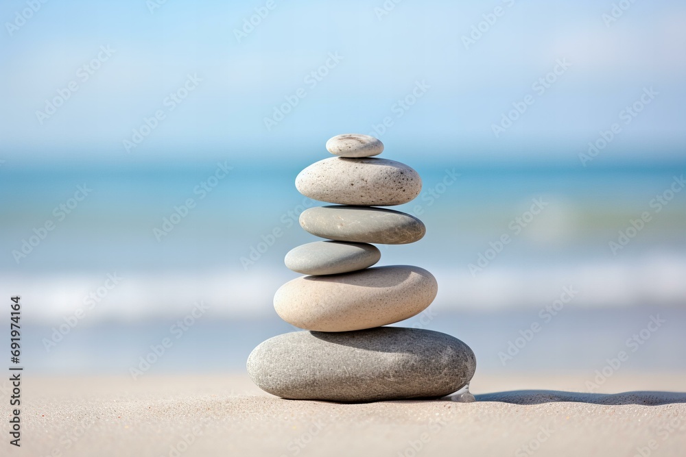close up stack of Zen pebbles arrangement on a sandy beach, minimalistic close up stack of Zen pebbles arrangement on a sandy beach, minimalistic