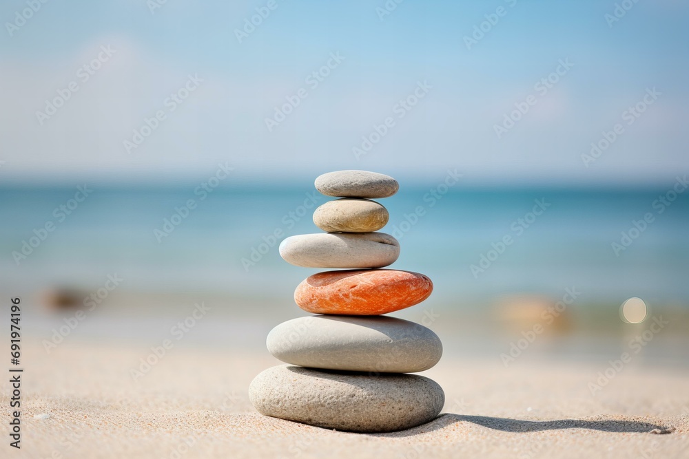 Fototapeta premium close up stack of Zen pebbles arrangement on a sandy beach, minimalistic