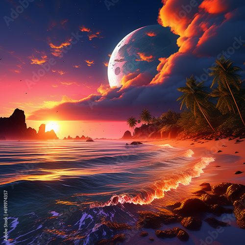 Picture, sunrise on the ocean coast with a view of the huge moon