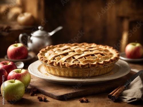Homemade delicious fresh baked rustic apple pie on brown background, apple pie with apples, apple pie with cinnamon, apple pie with apples and cinnamon, apple pie with raisins © Picturemaker
