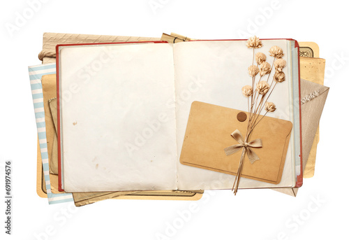 Retro book with blank pages, dry flowers, vintage envelope and paper card. Isolated on white background. Nostalgic scrapbooking collection. Mockup template. Copy space for text