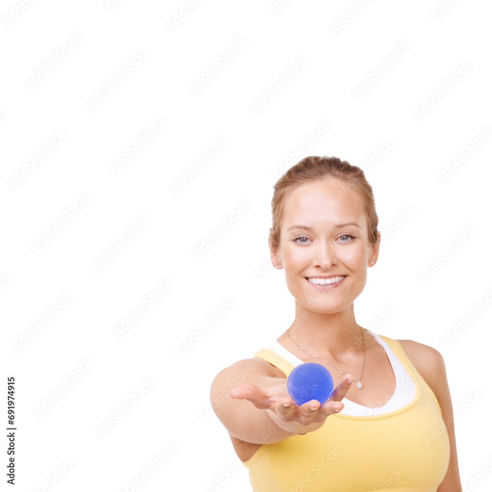 Stress ball, portrait and woman in studio for mindful, fitness and arm exercise with smile. Happy, sport equipment and young female person from Canada with anxiety relief isolated by white background Stress ball, portrait and woman in studio for mindful, fitness and arm exercise with smile. Happy, sport equipment and young female person from Canada with anxiety relief isolated by white background